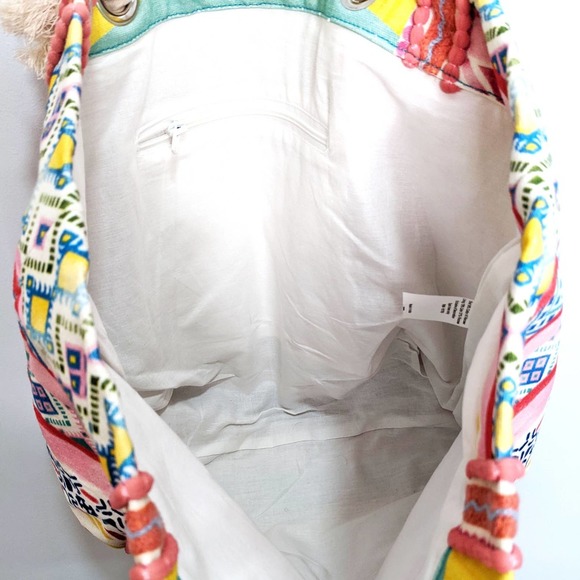 Casey Key Beaded Cotton Boho Bright Rainbow Multicolor Rope Tote Bag Purse - Picture 11 of 12